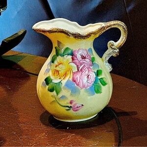 Vintage,  Lefton Japanese Water Pitcher,  White/Gold/Multicolor Floral Design